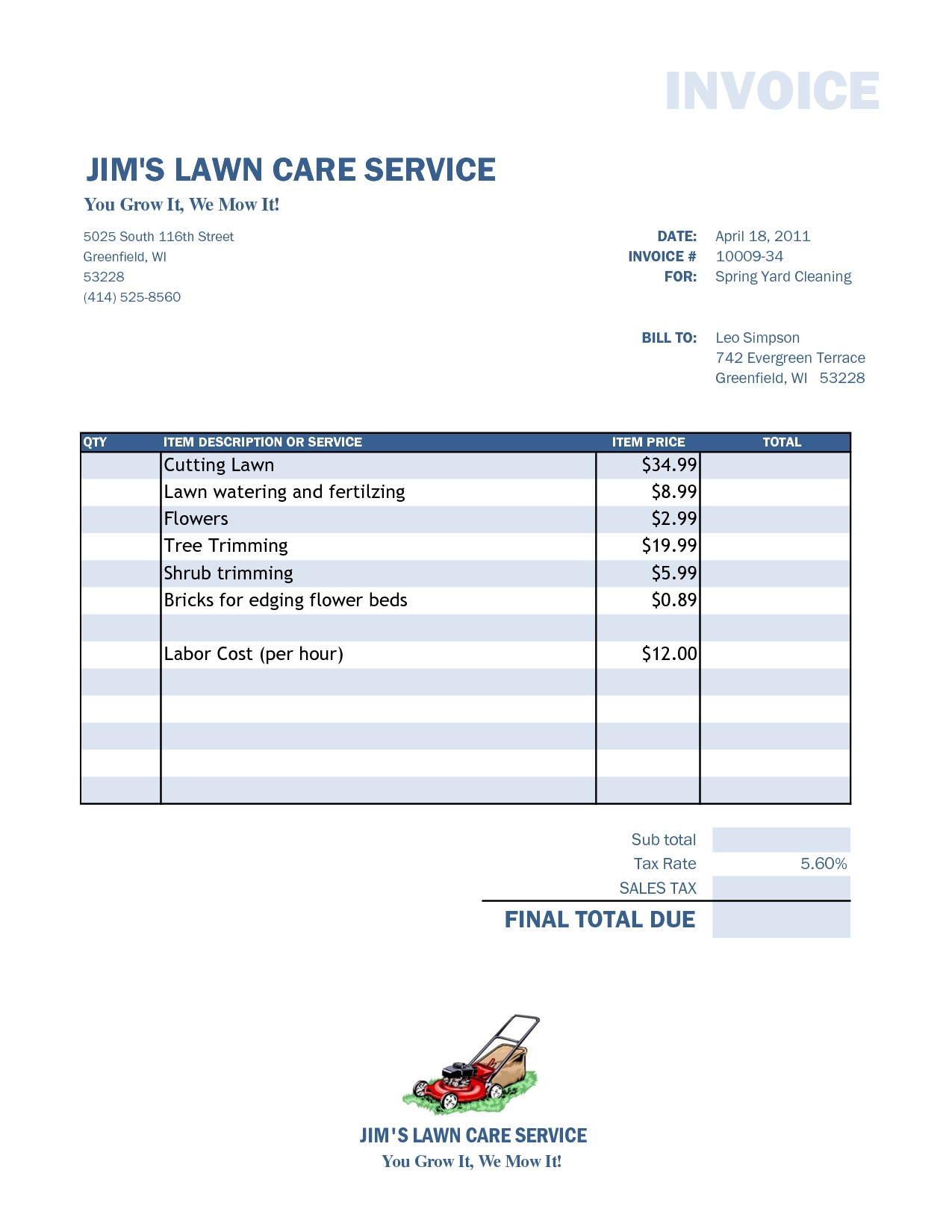 Lawn Care Invoices Invoice Template Ideas