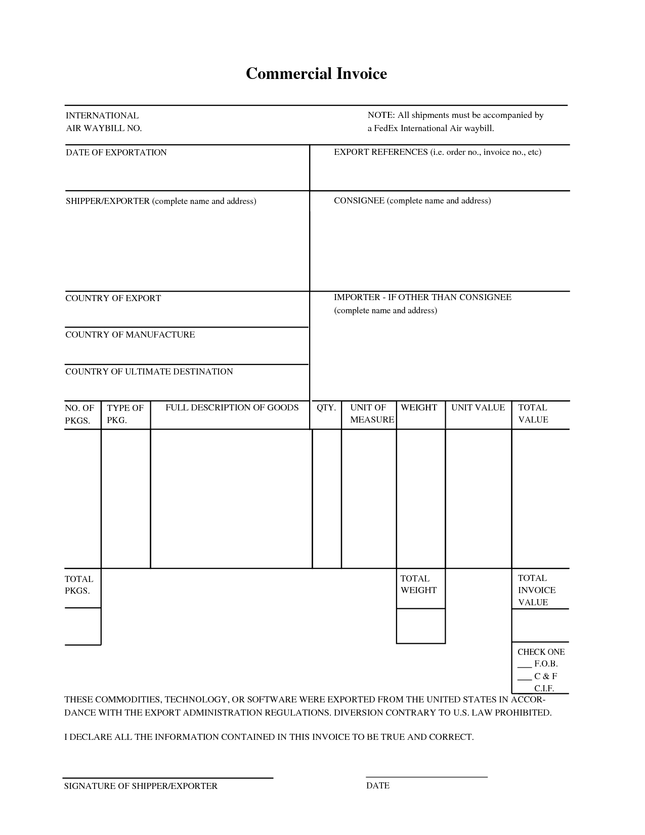 Free Fillable Commercial Invoice Template Printable Templates