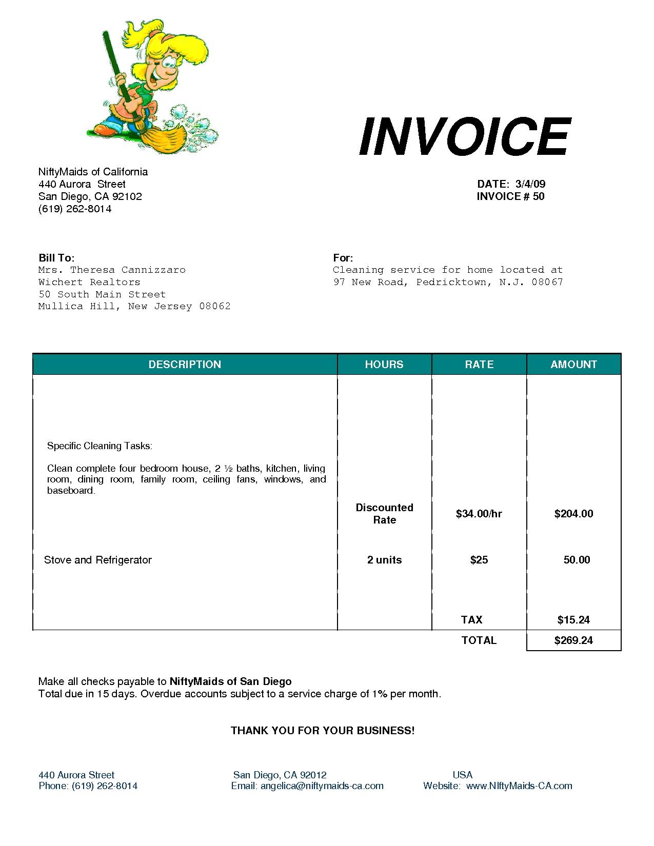 Bond Cleaning Invoice Example