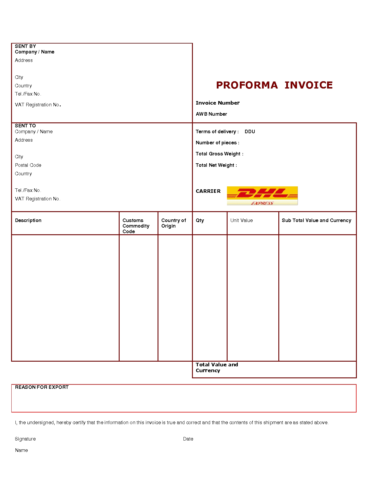 Dhl Proforma Invoice Template * Invoice Template Ideas