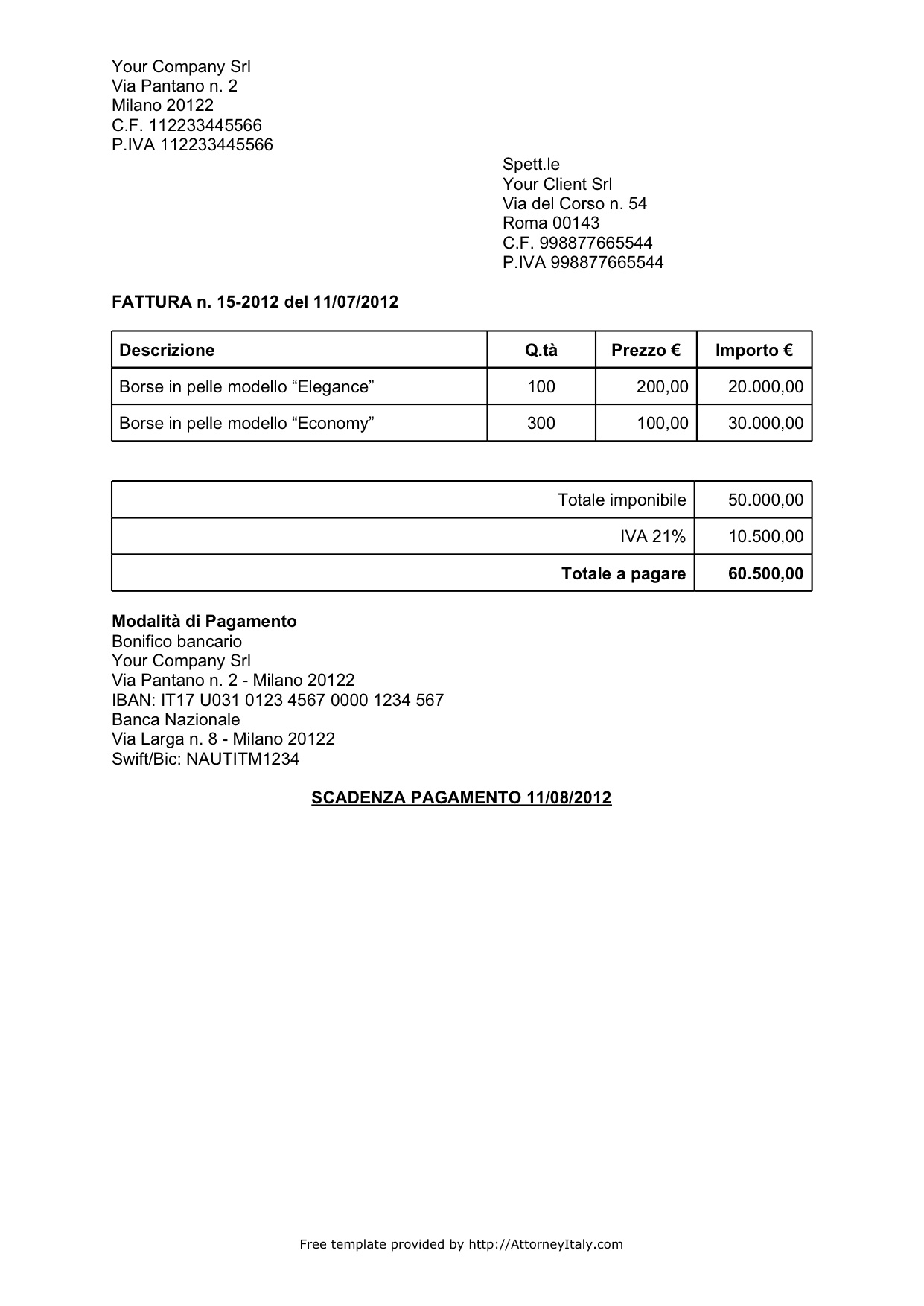 italian invoice template non vat invoice template