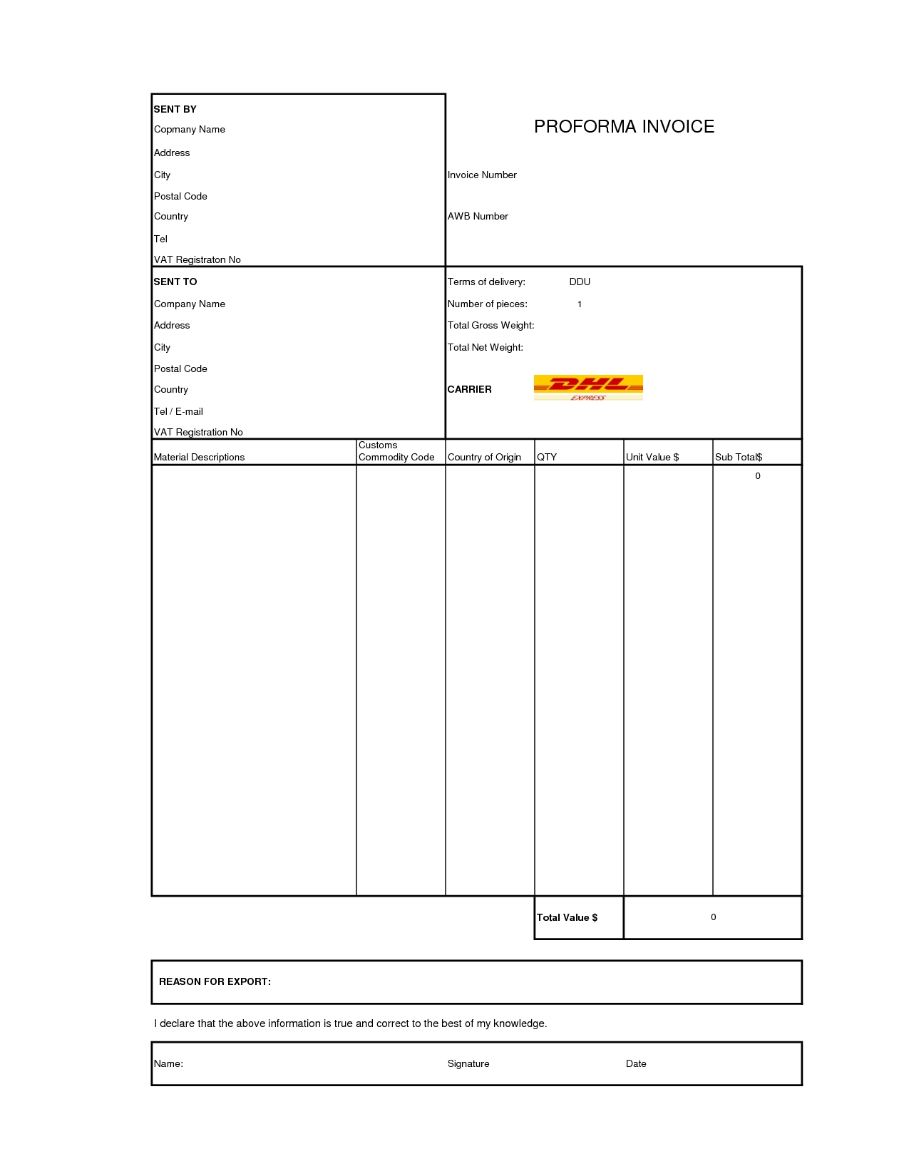 real estate business products dhl proforma invoice template