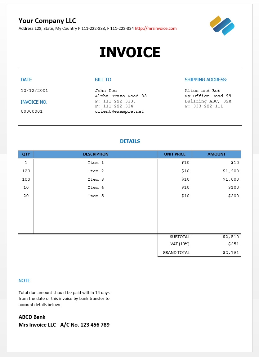 sample invoices in word paid