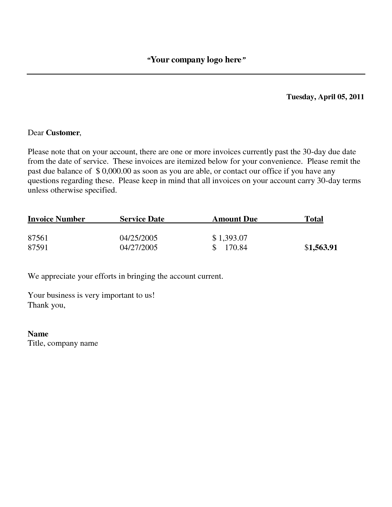 sample polite reminder letter that money is due past due invoice