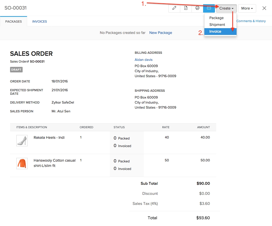 zoho inventory invoices on the invoice