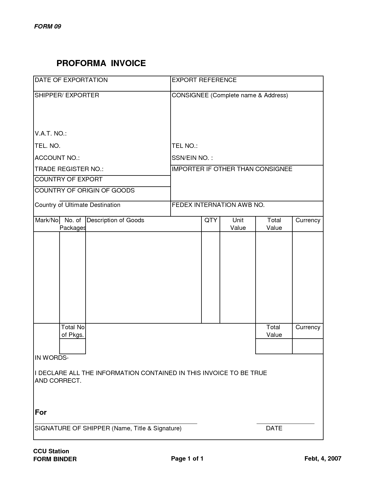 fedex commercial invoice template word