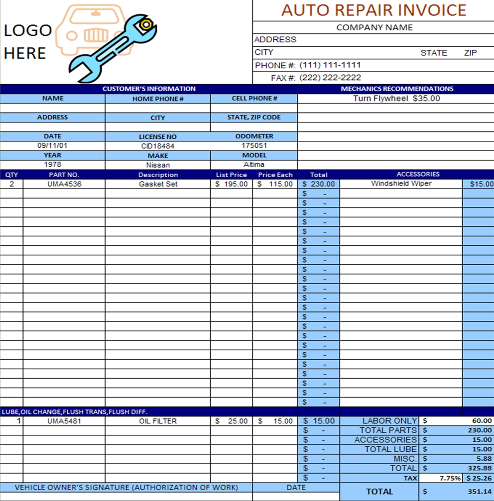 auto repair shop invoice invoice template ideas