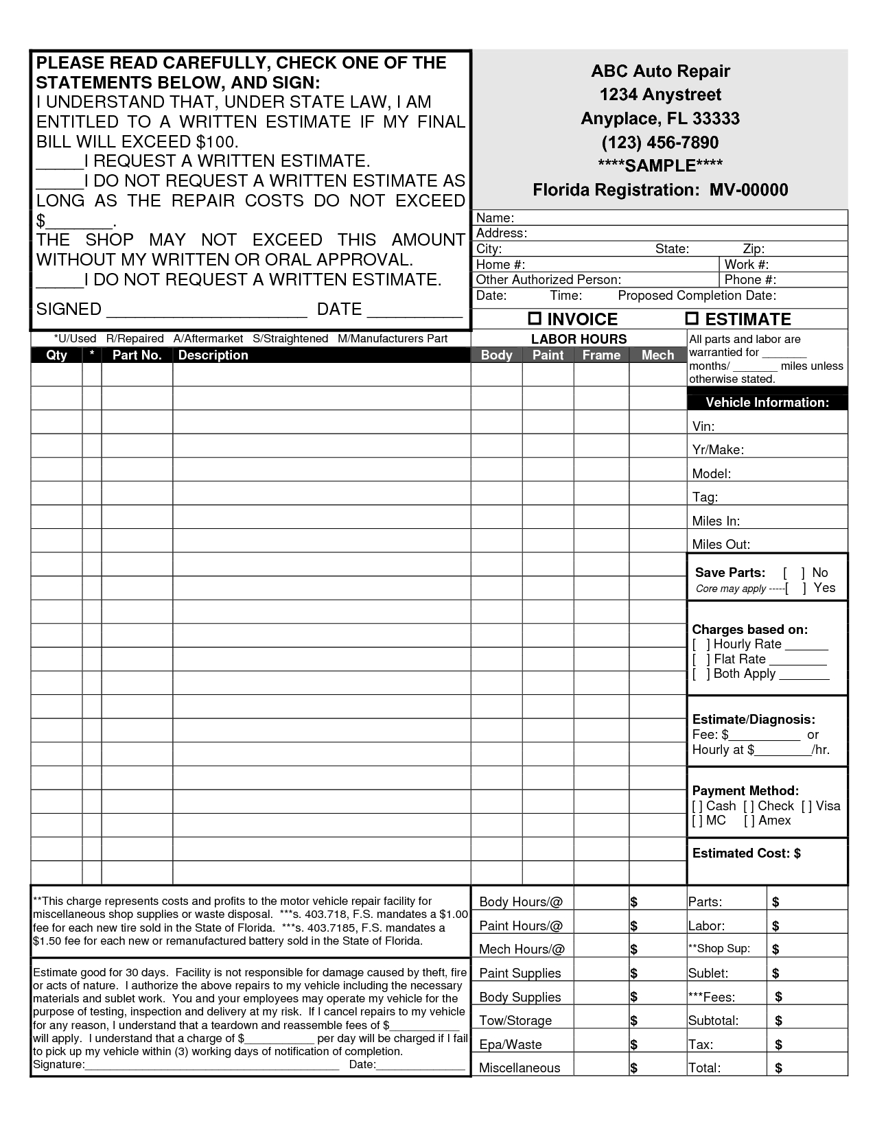 auto repair shop invoice invoice template ideas