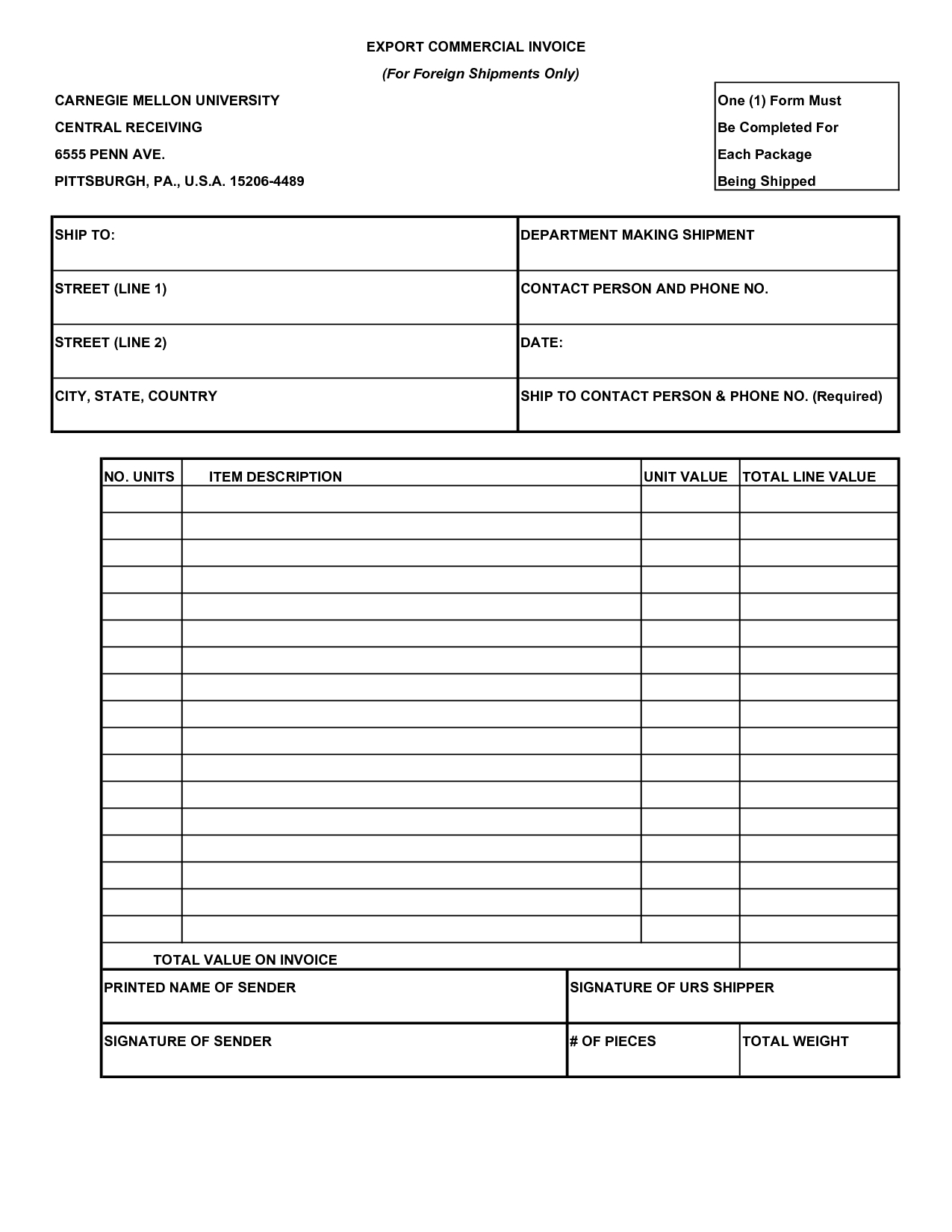 commercial invoice for export template