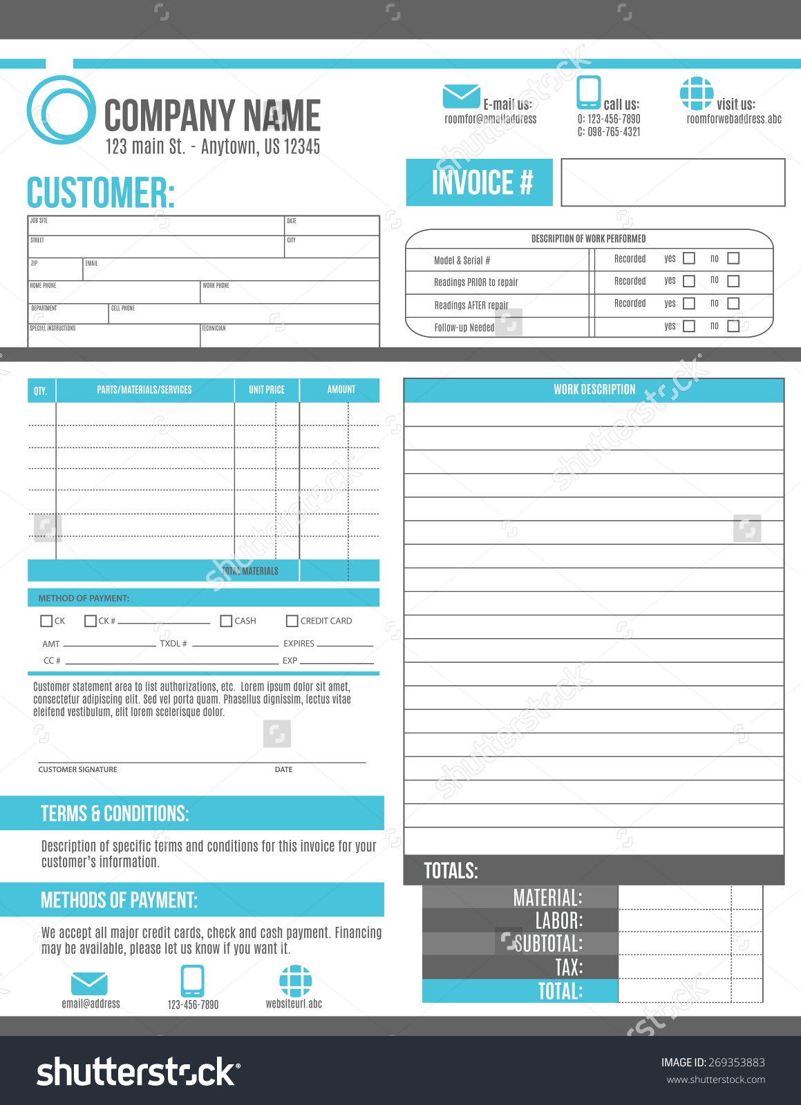 customizable invoice template design with room for a work order customizable invoice template