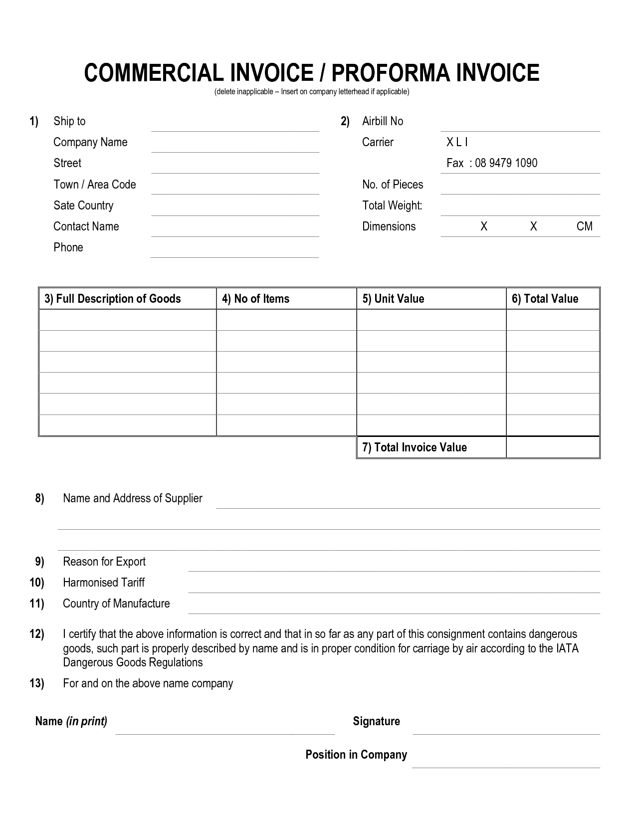 pro forma invoice template non commercial