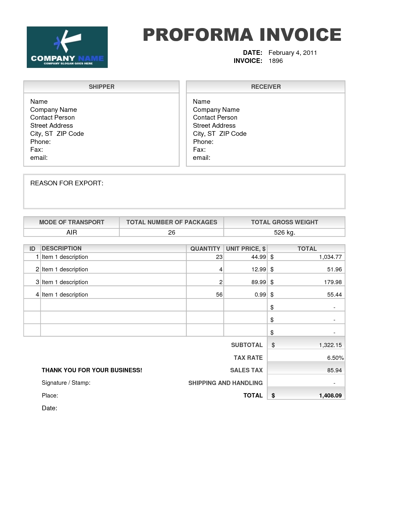 proforma invoice example