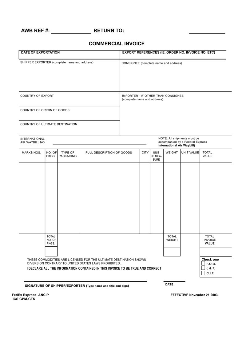 shipping instructions for exhibition commercial invoice for fedex
