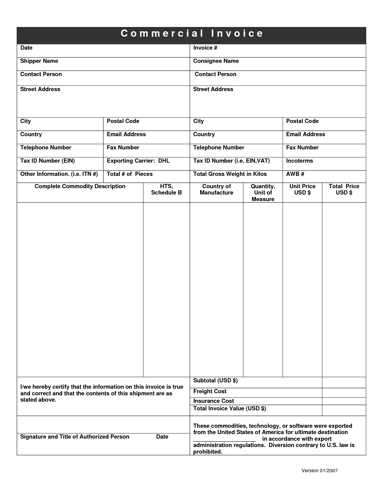 dhl commercial invoice template