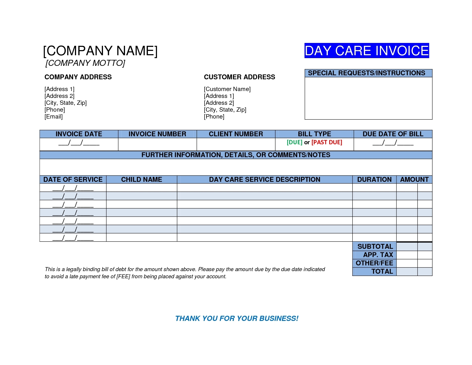 samples of invoices for payment for childcare