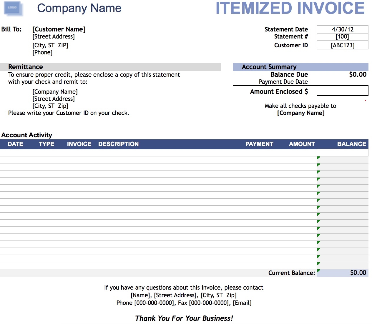 itemized invoice template free itemized invoice template excel pdf word doc 1264 X 1102