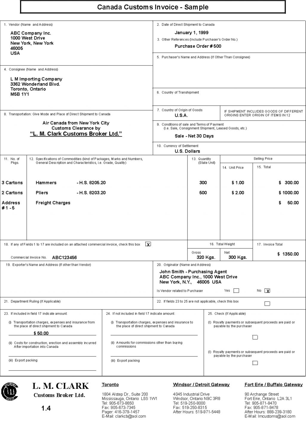 Blank Canada Customs Invoice