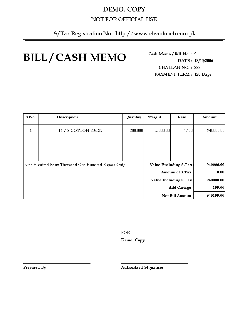 ms word cash memo bill format