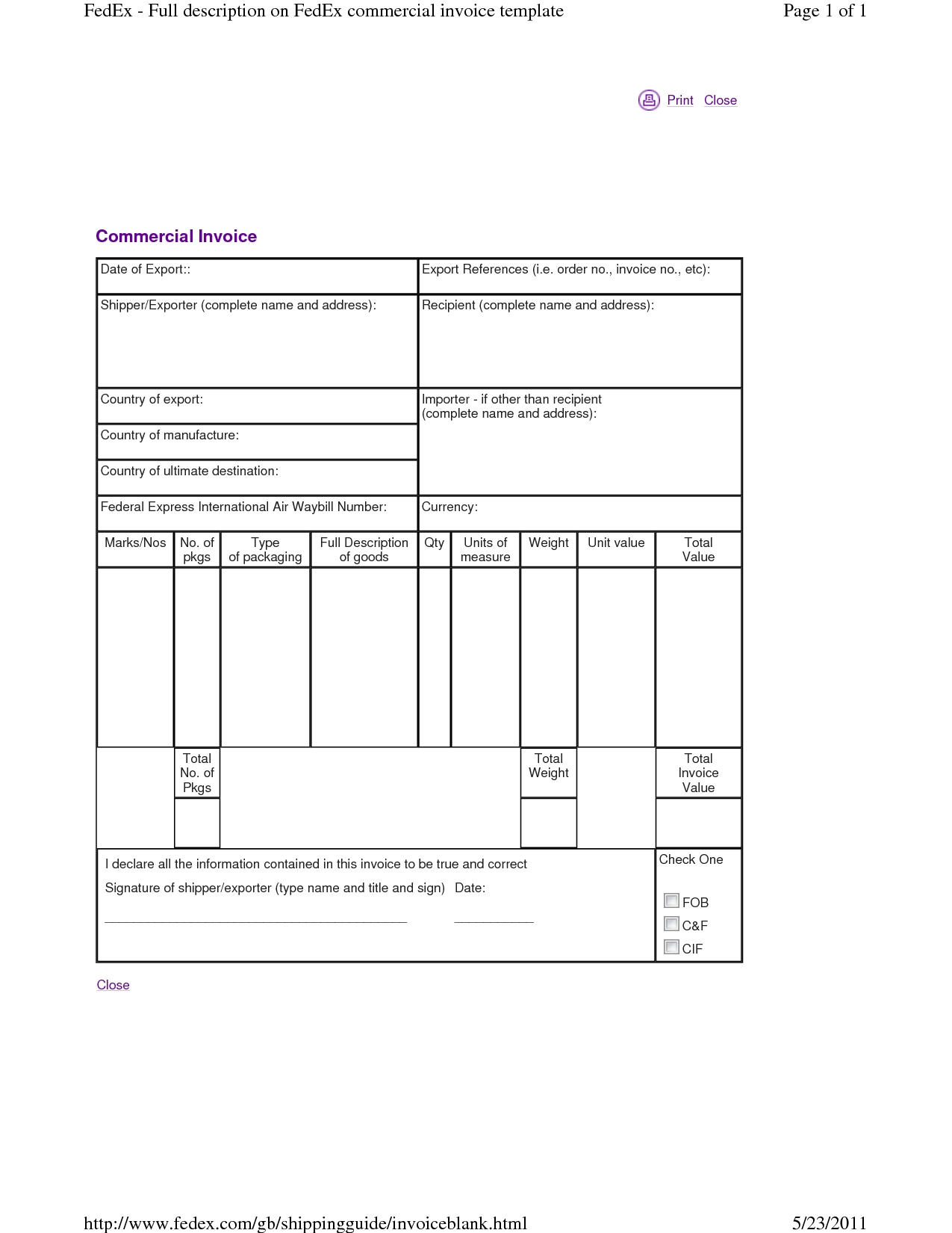 fedex commercial invoice blank