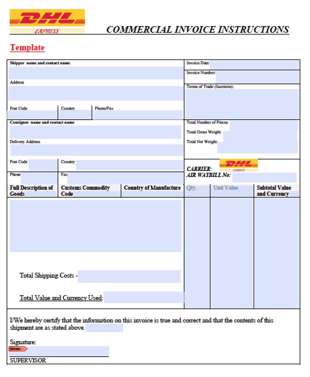 international shipping commercial invoice template