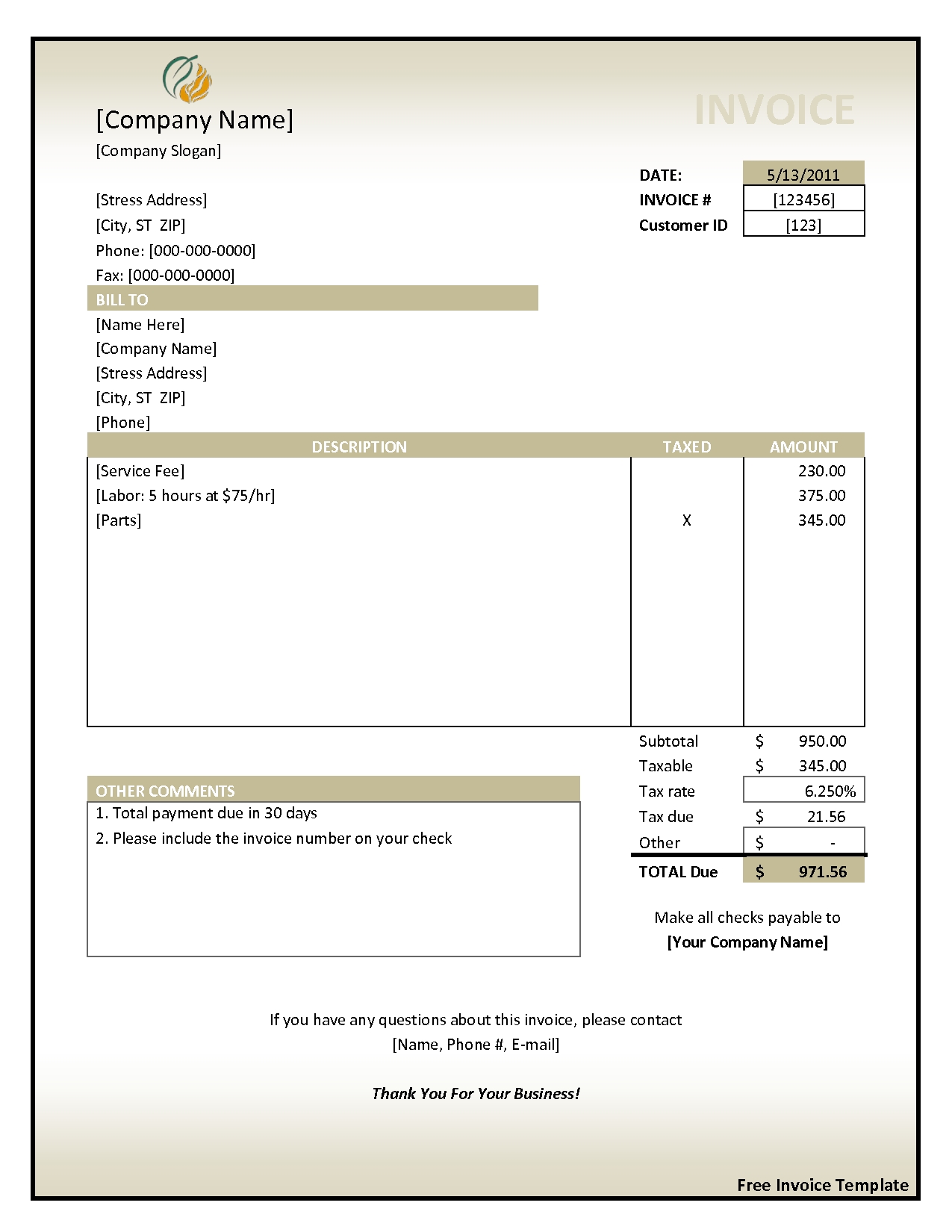 free invoice download download free invoice template free business template 1275 X 1650