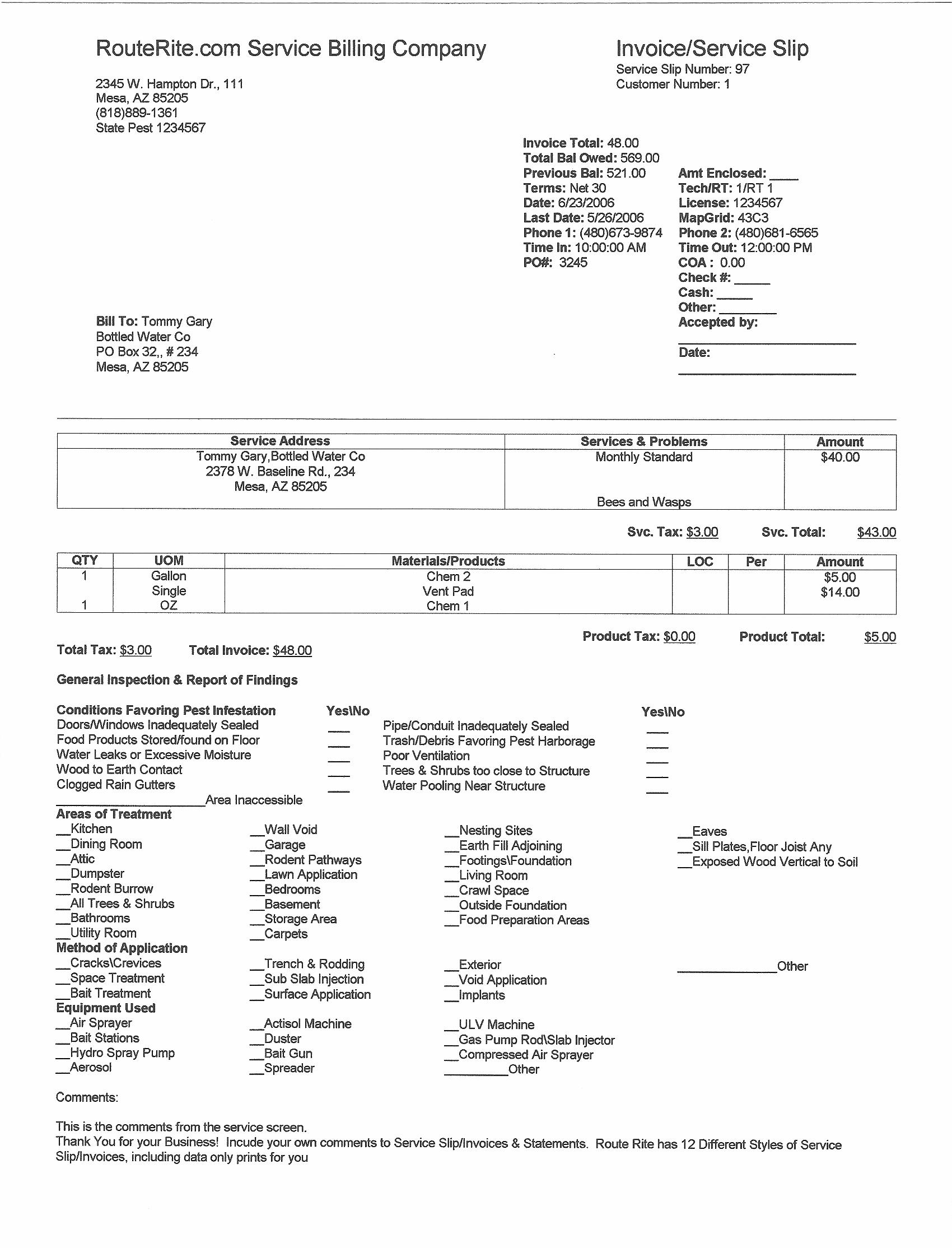service forms in route rite software pest control invoice