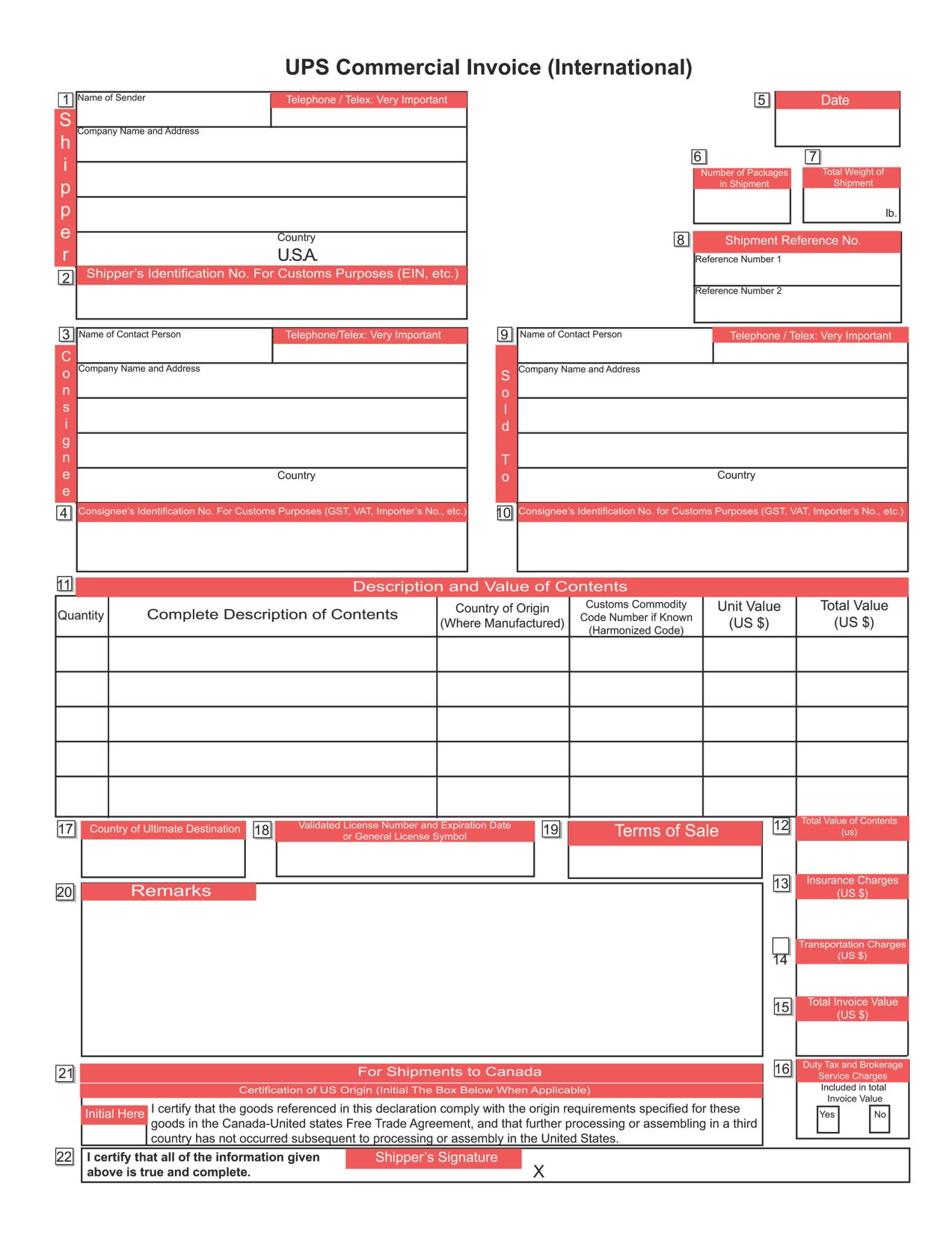 commercial invoice ups template