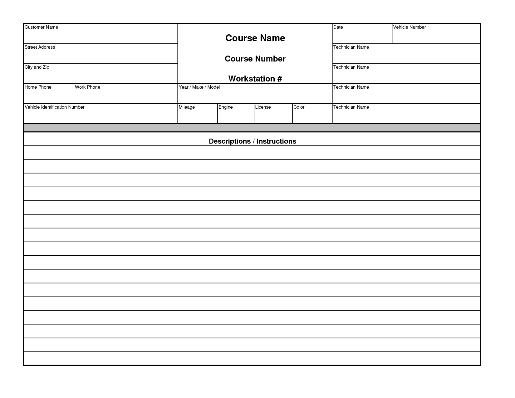 Blank Printable Forms For Automotive Service Companies