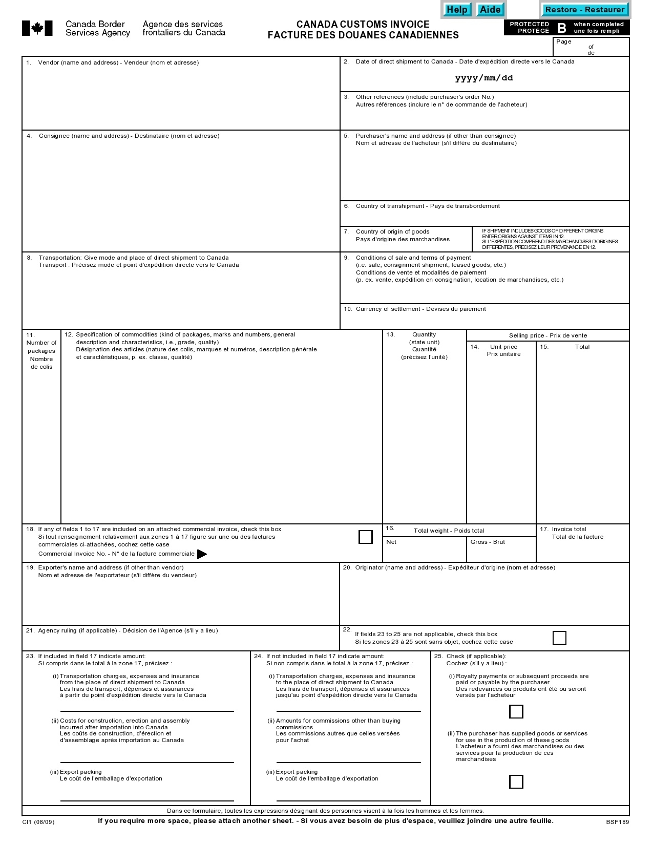 Livingston Canada Customs Invoice
