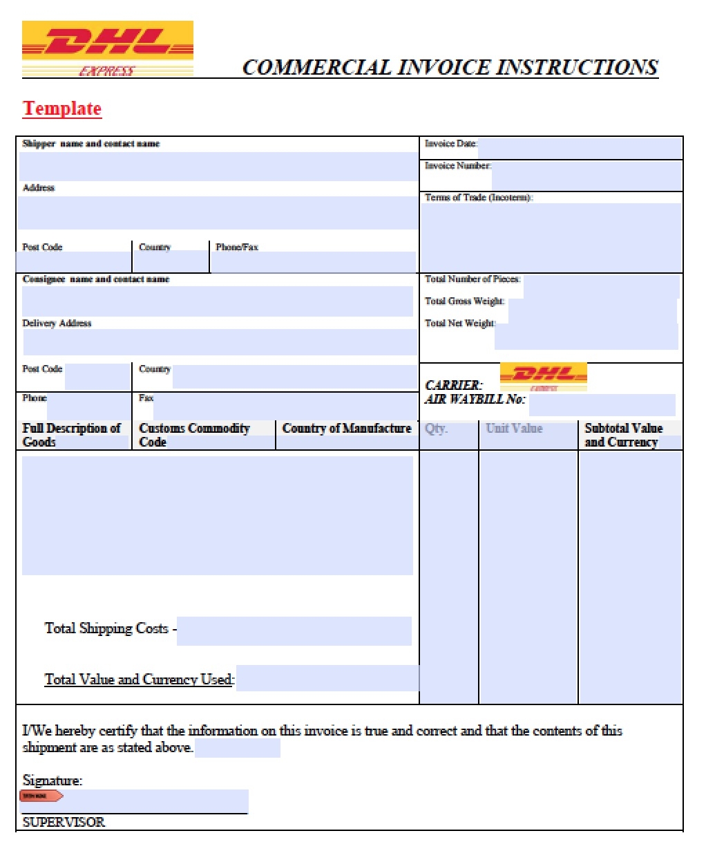 free dhl commercial invoice template excel pdf word doc dhl invoice form