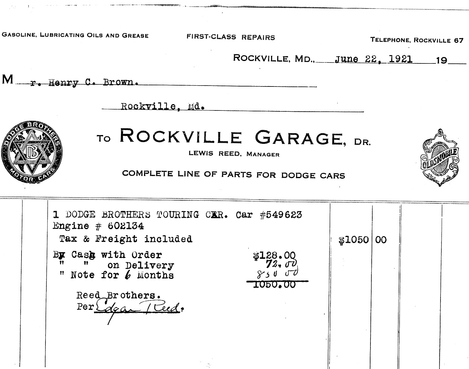 rockville garage first car invoice reed brothers dodge history invoice for cars