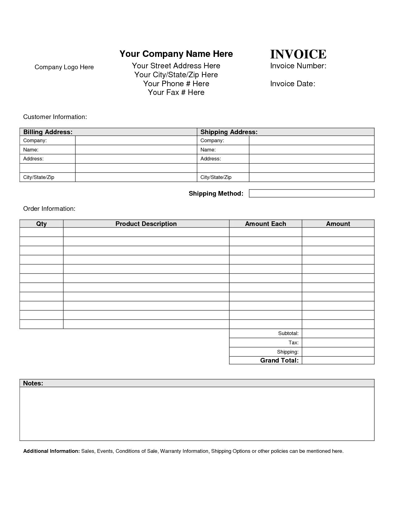 template of a invoice blank invoice template blank invoice 1275 X 1650