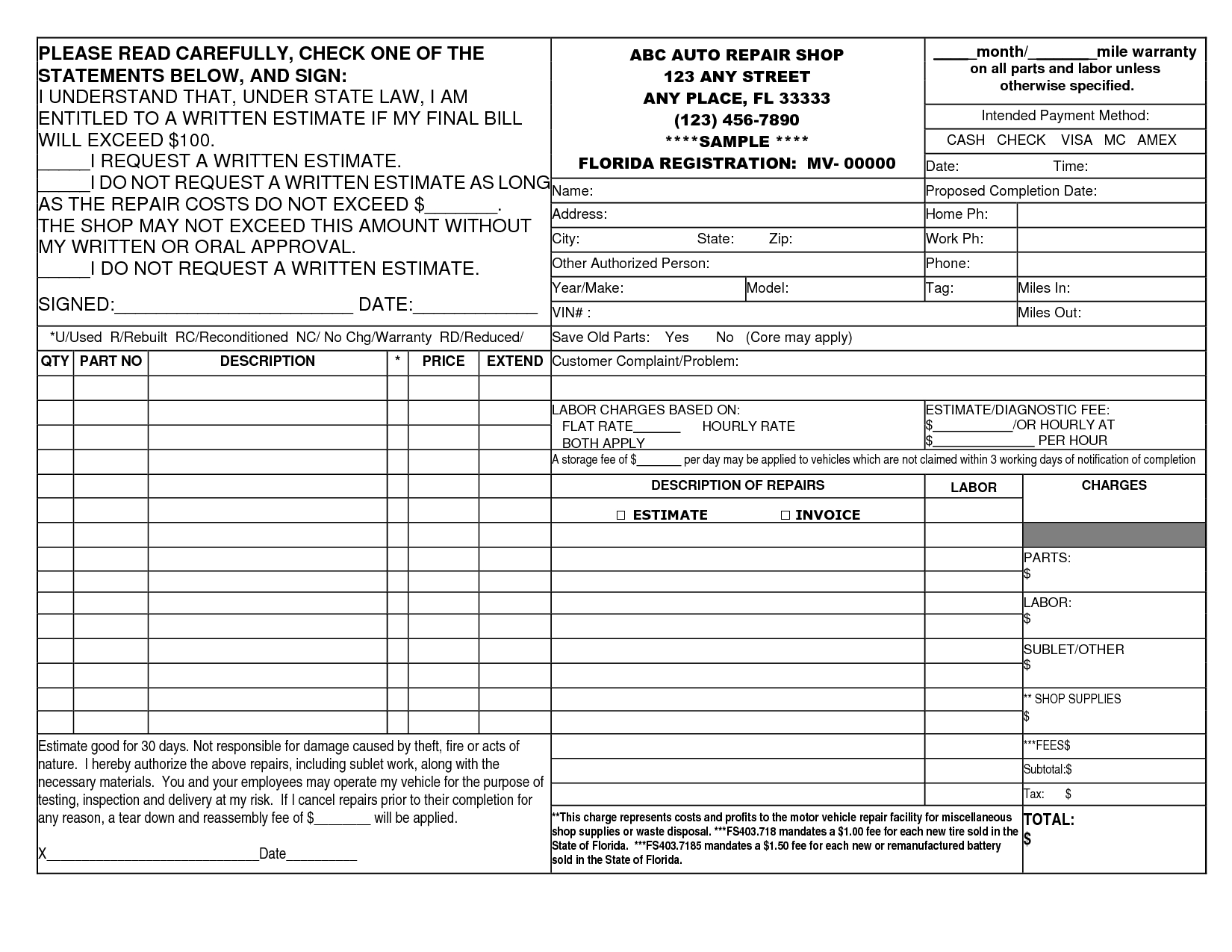 blank auto repair invoice form blank auto repair invoice form car repair invoice