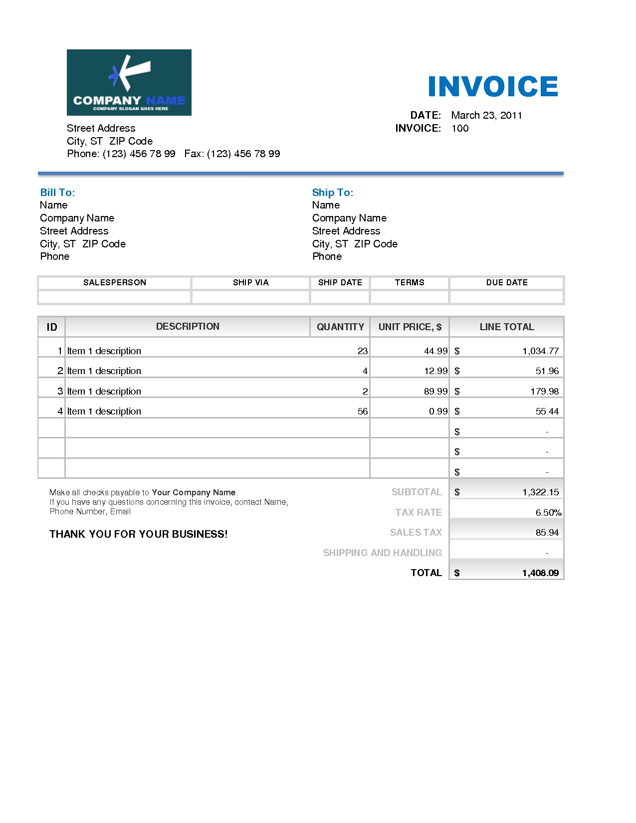 sample invoice template excel