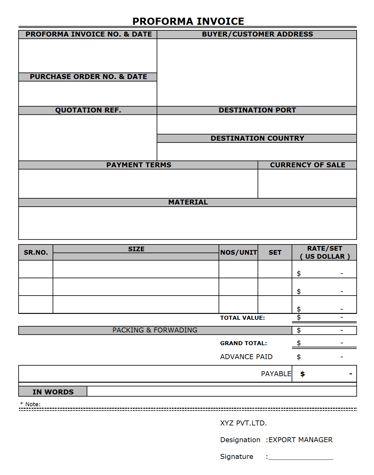 simple proforma invoice template doc
