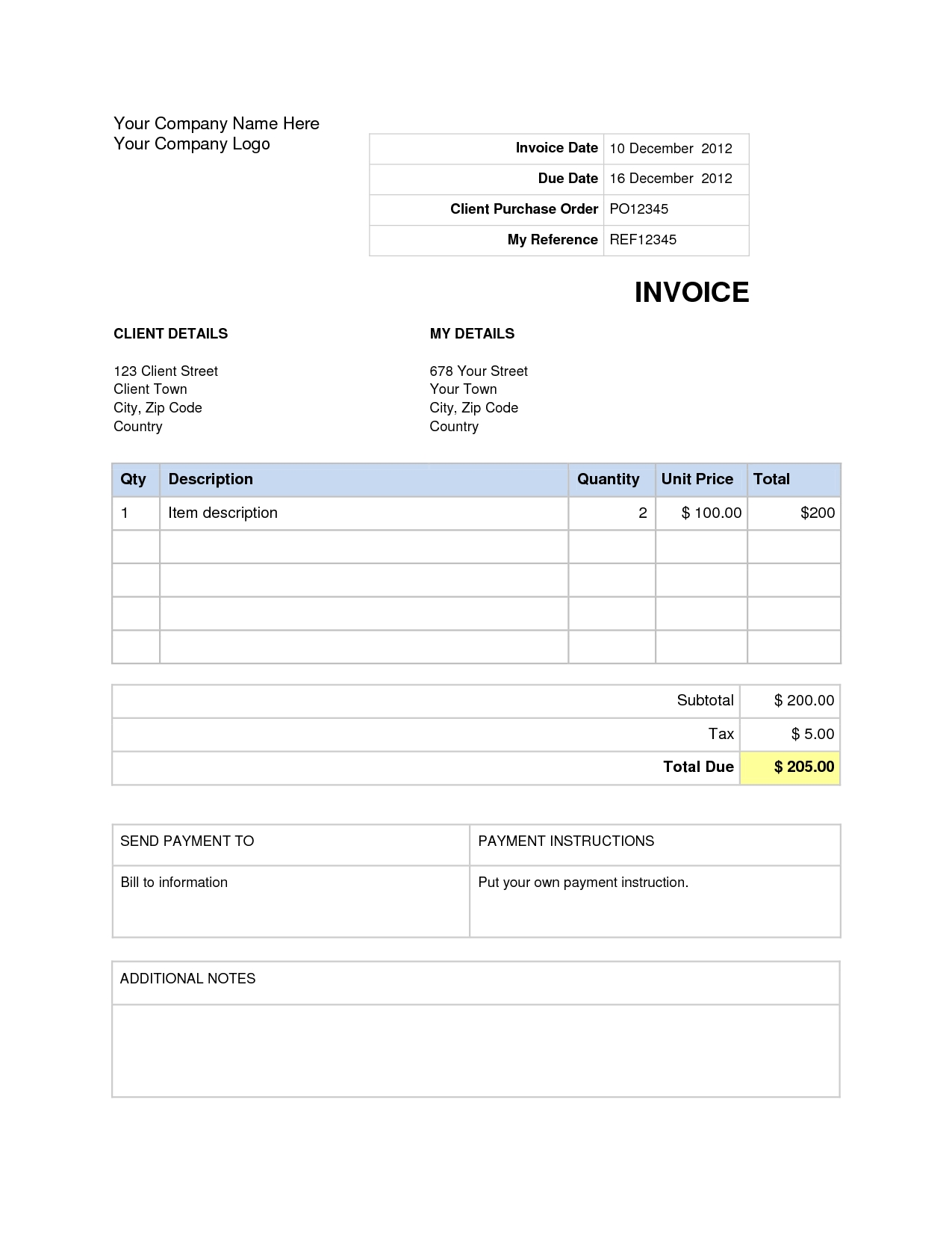 ms word commercial invoice template