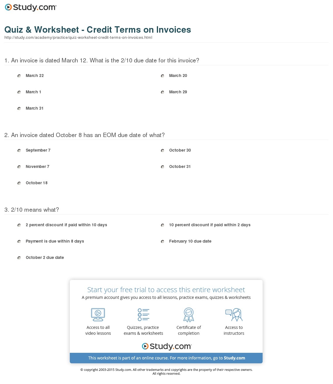 quiz amp worksheet credit terms on invoices study invoice date meaning