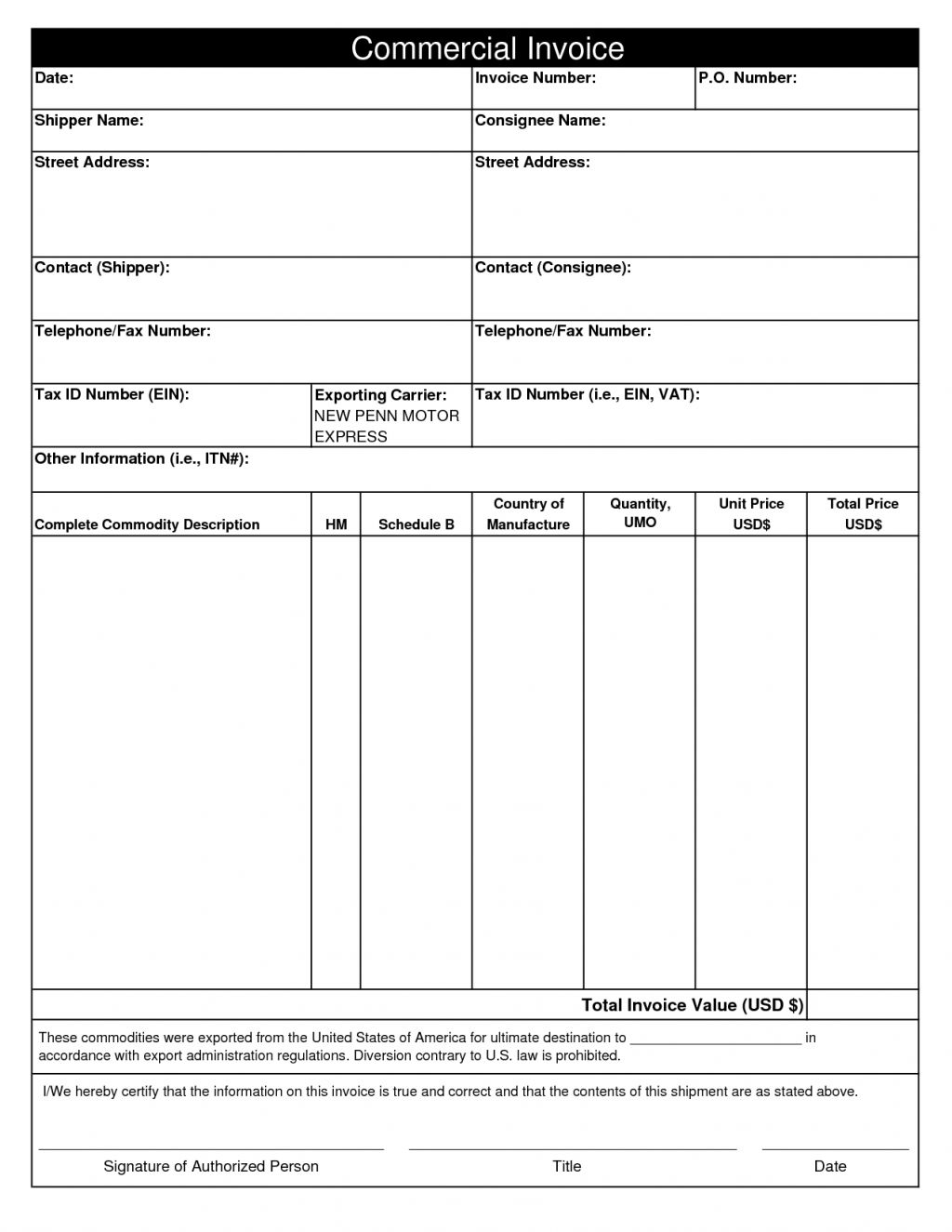 Commercial Invoice Template Pdf Fillable