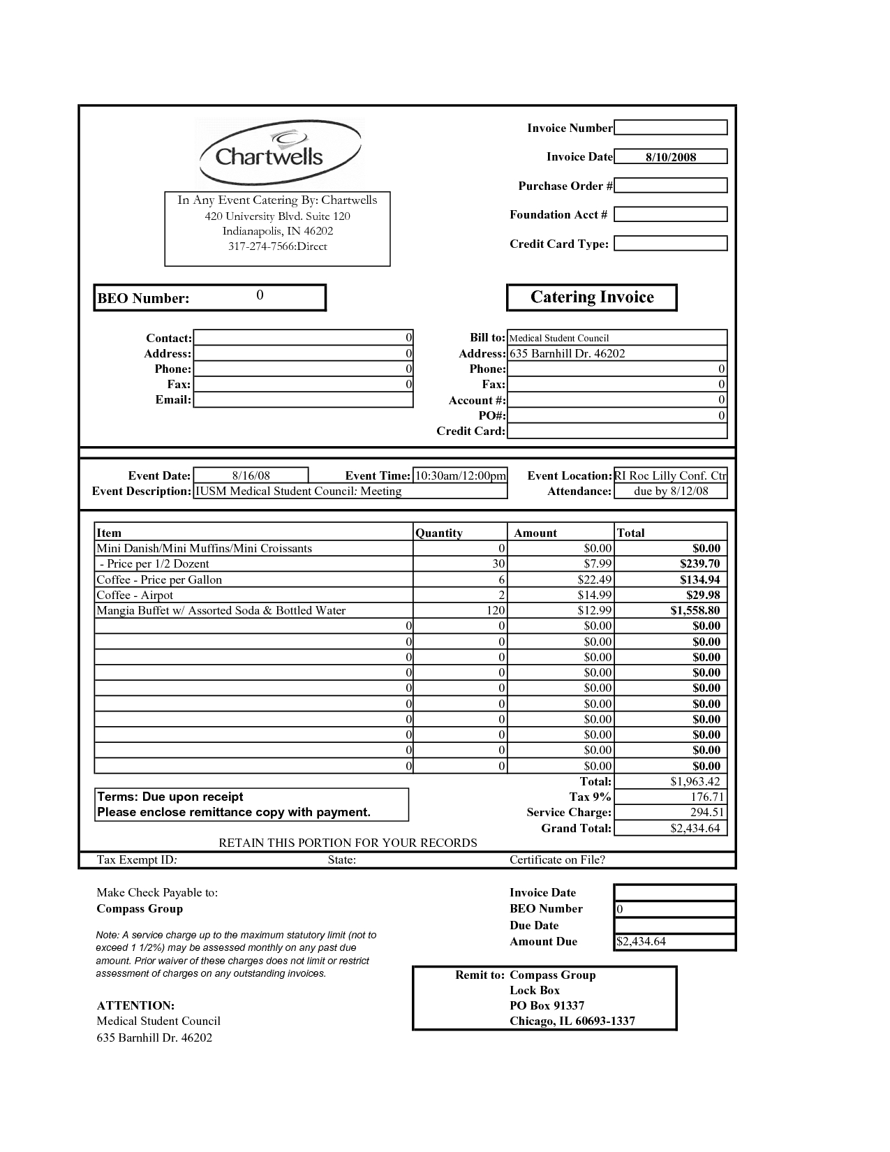 sample invoices for catering services