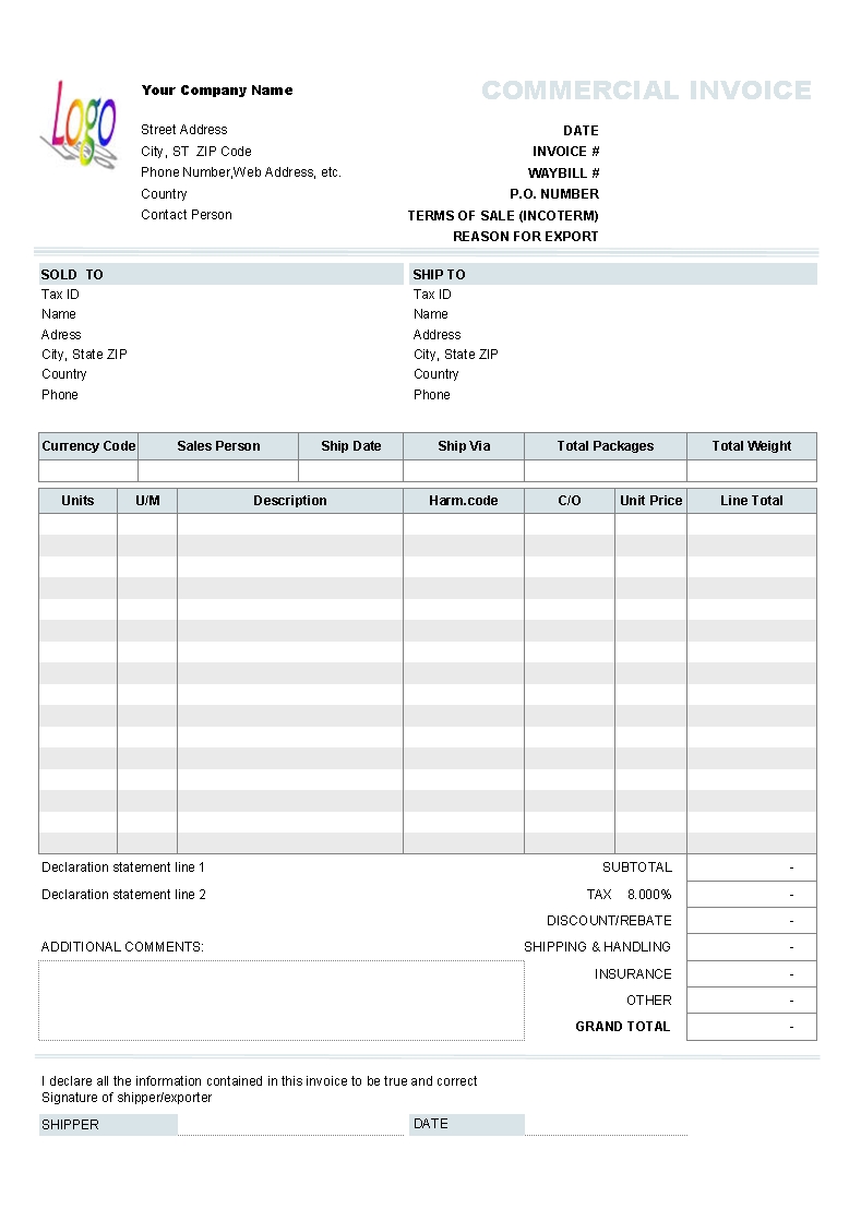 Commercial Invoice Template Excel