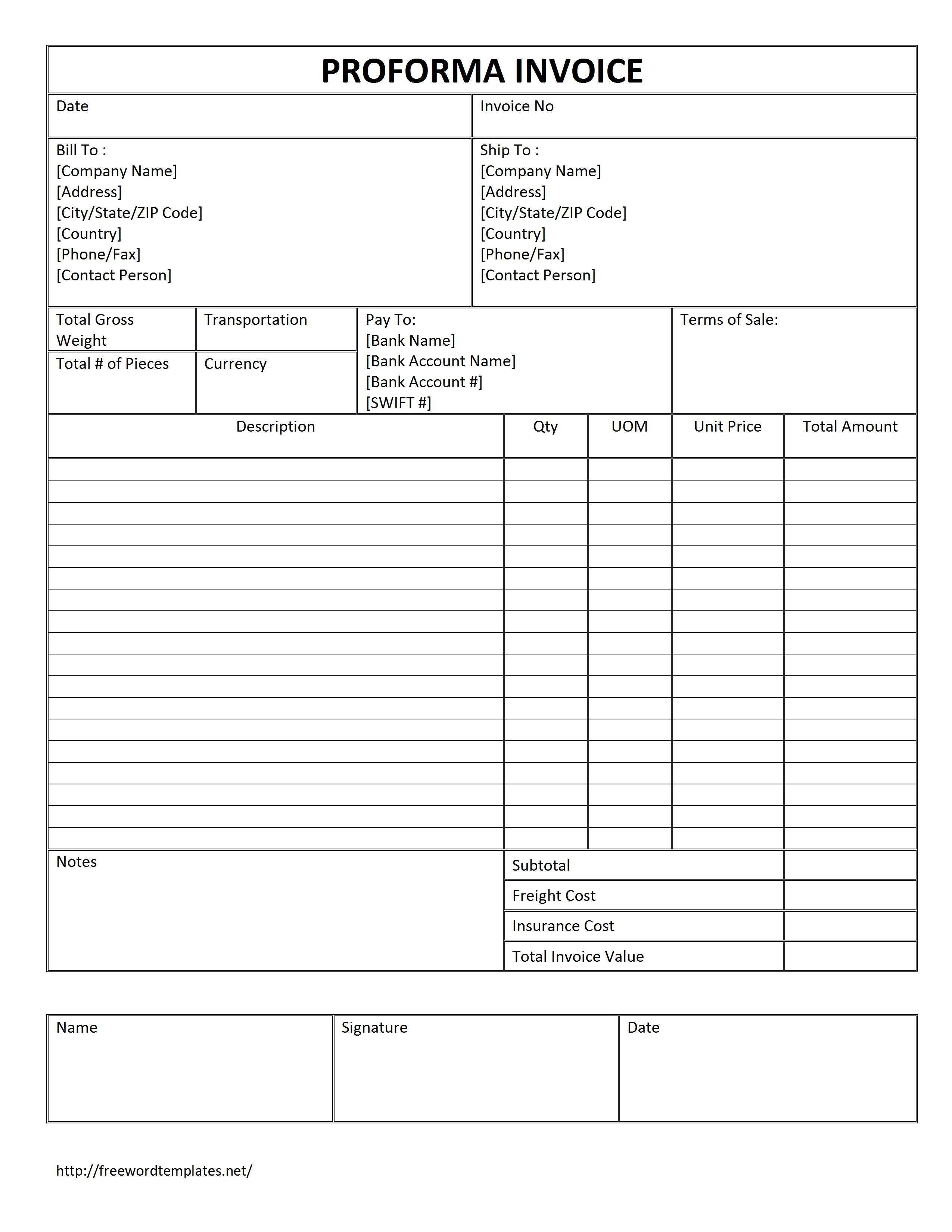 proforma invoice freewordtemplates example proforma invoice