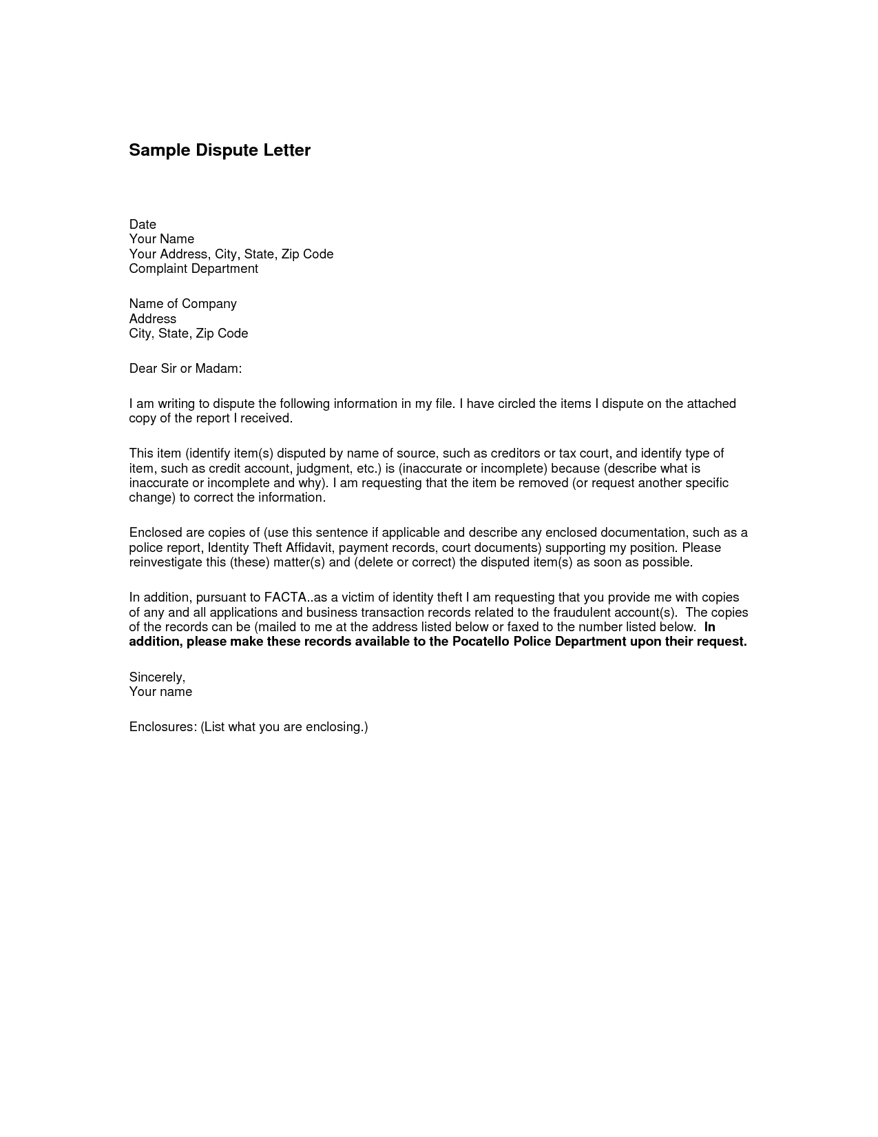 Dispute Letter To Creditor Template