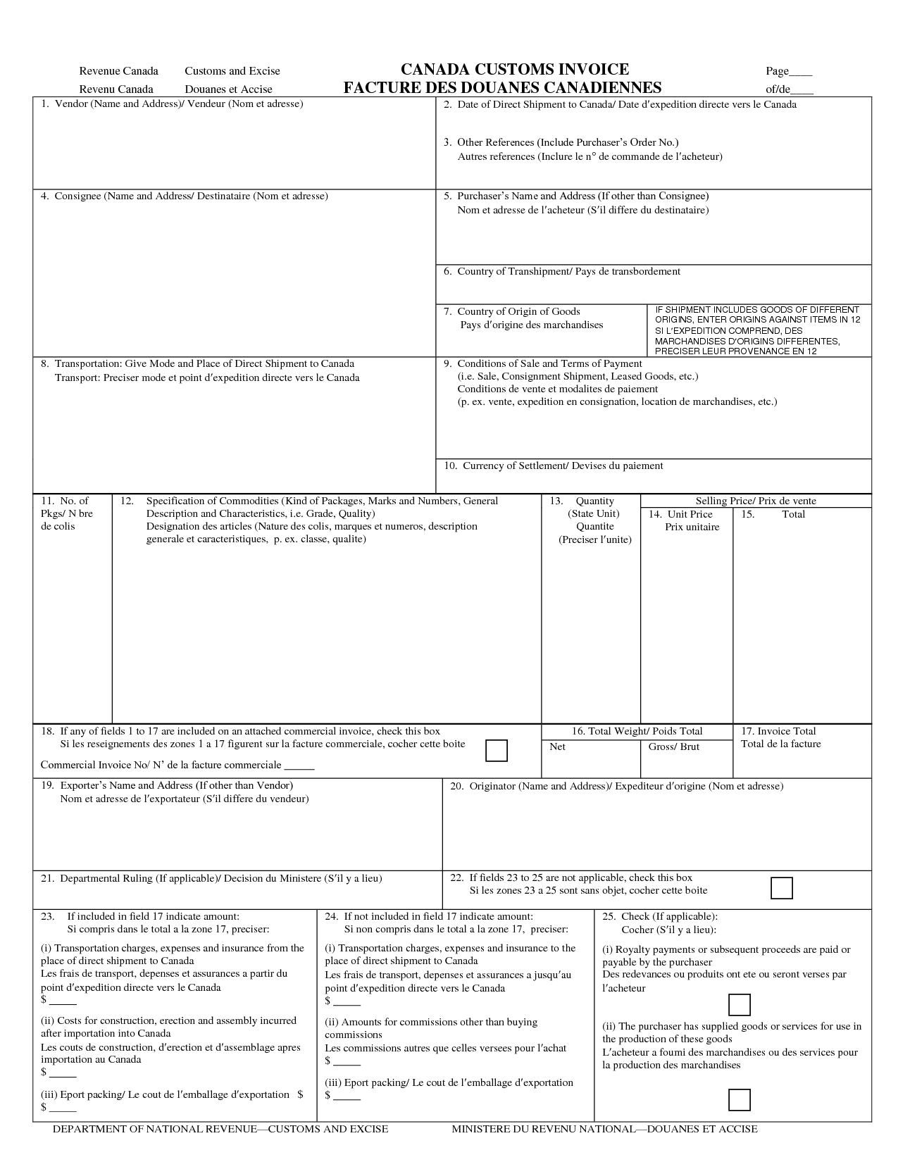 canadian customs invoice template camgigandet us customs invoice form
