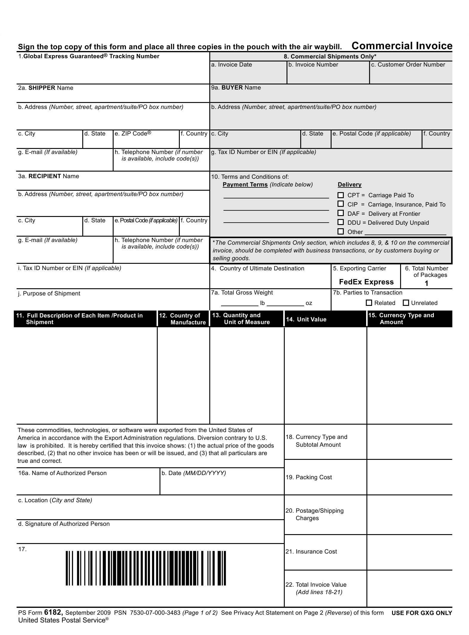 customs commercial invoice template