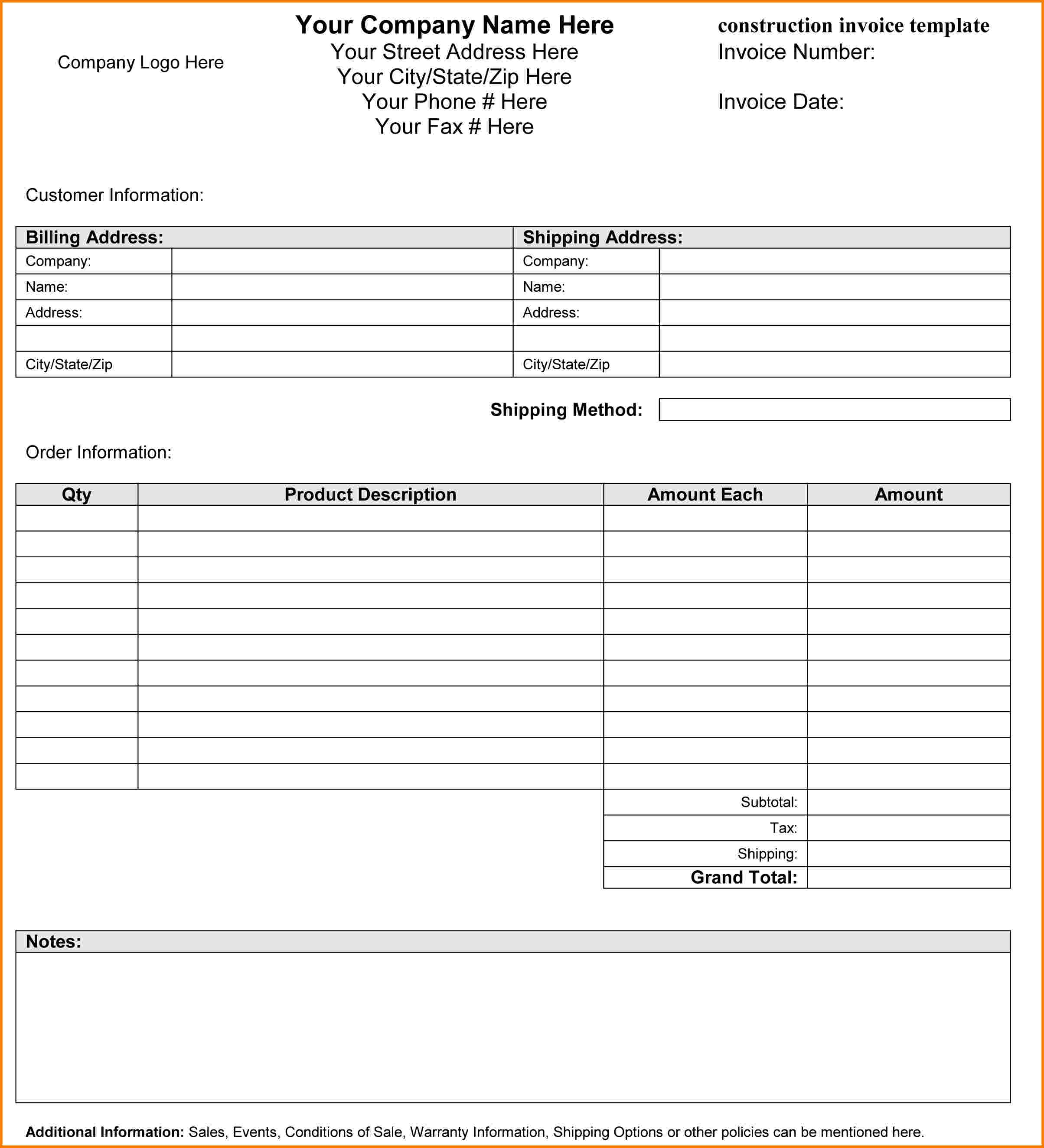 Construction Invoice Example * Invoice Template Ideas