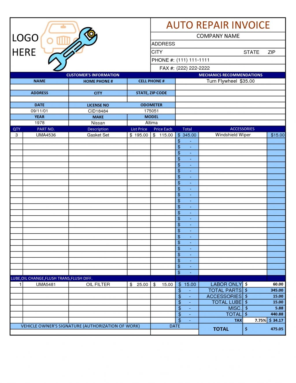 Printable Mechanic Invoice Template