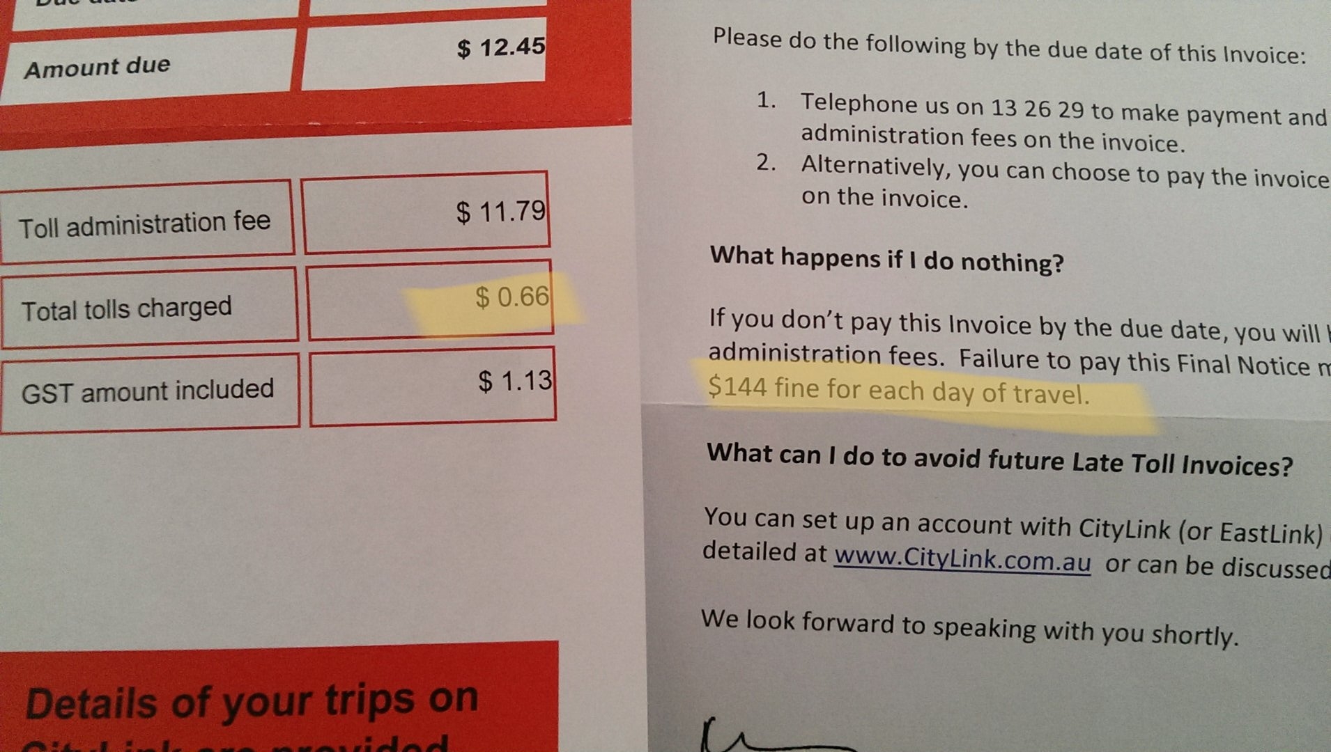Citylink Late Toll Invoice