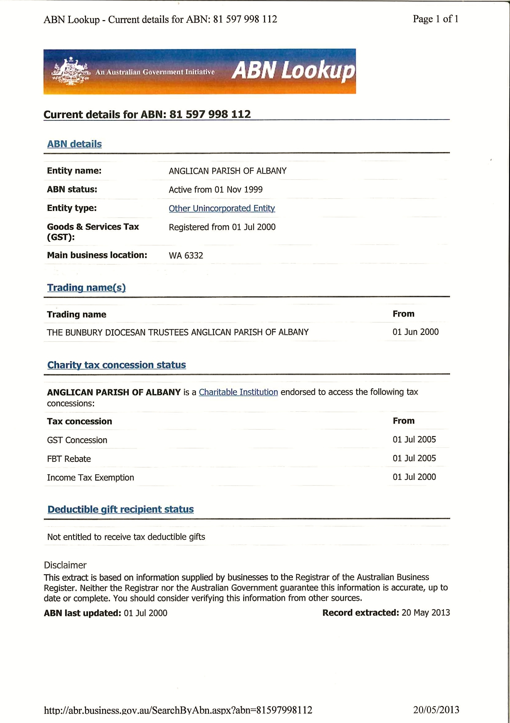 diocese of bunbury tax invoice without abn