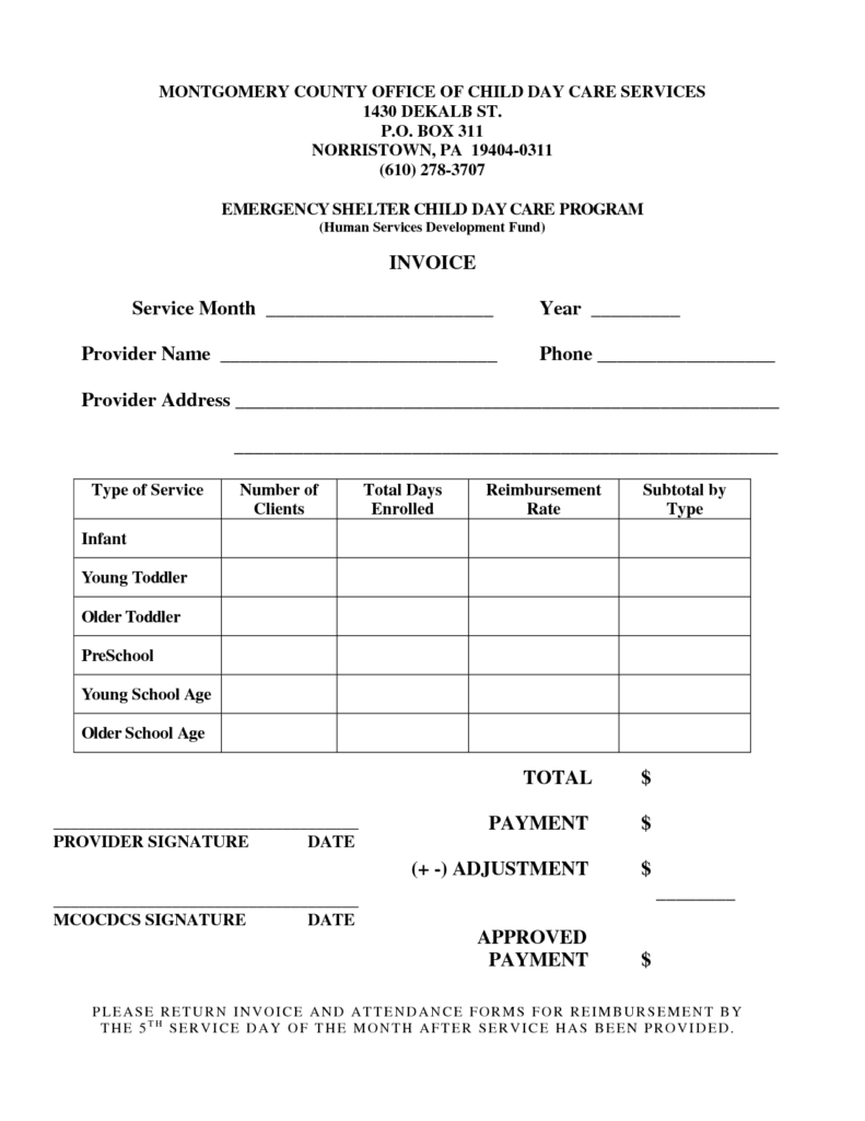 Child Care Invoice Template Excel