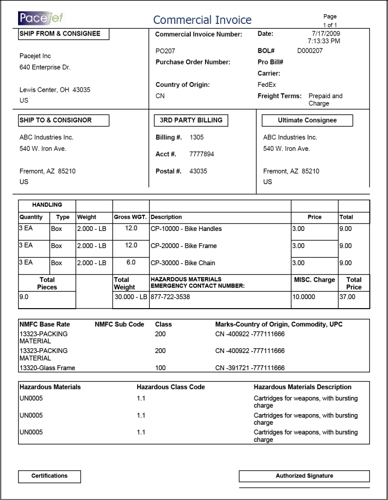 export shipping pacejet export commercial invoice